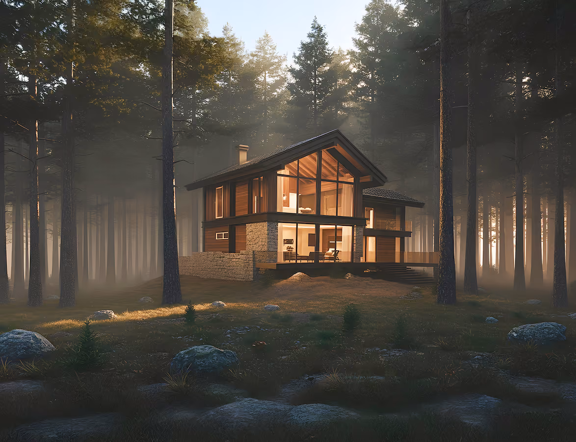 Model Alder — a two-storey timber cabin on a stone base, glowing warmly in a misty pine forest