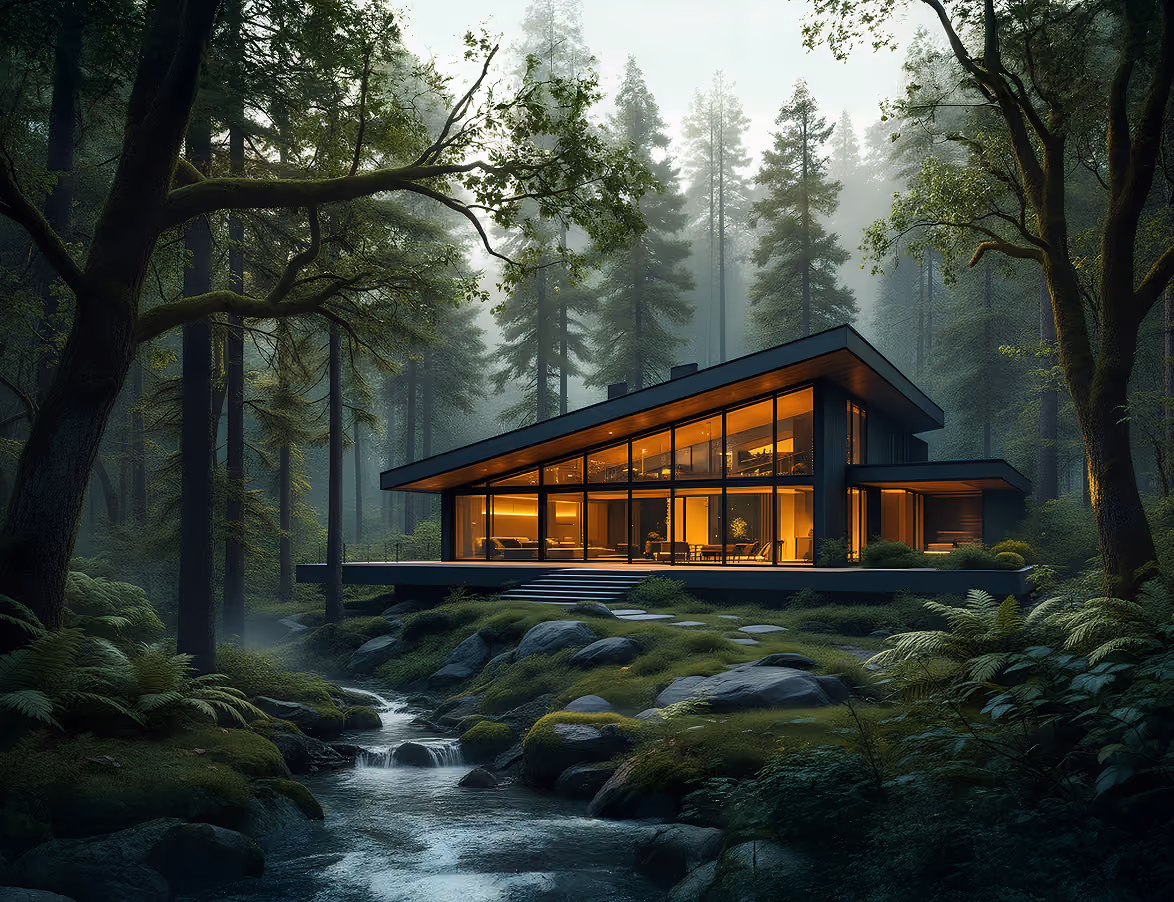 Model Canopy — a dark angular villa with panoramic glass walls beside a forest stream