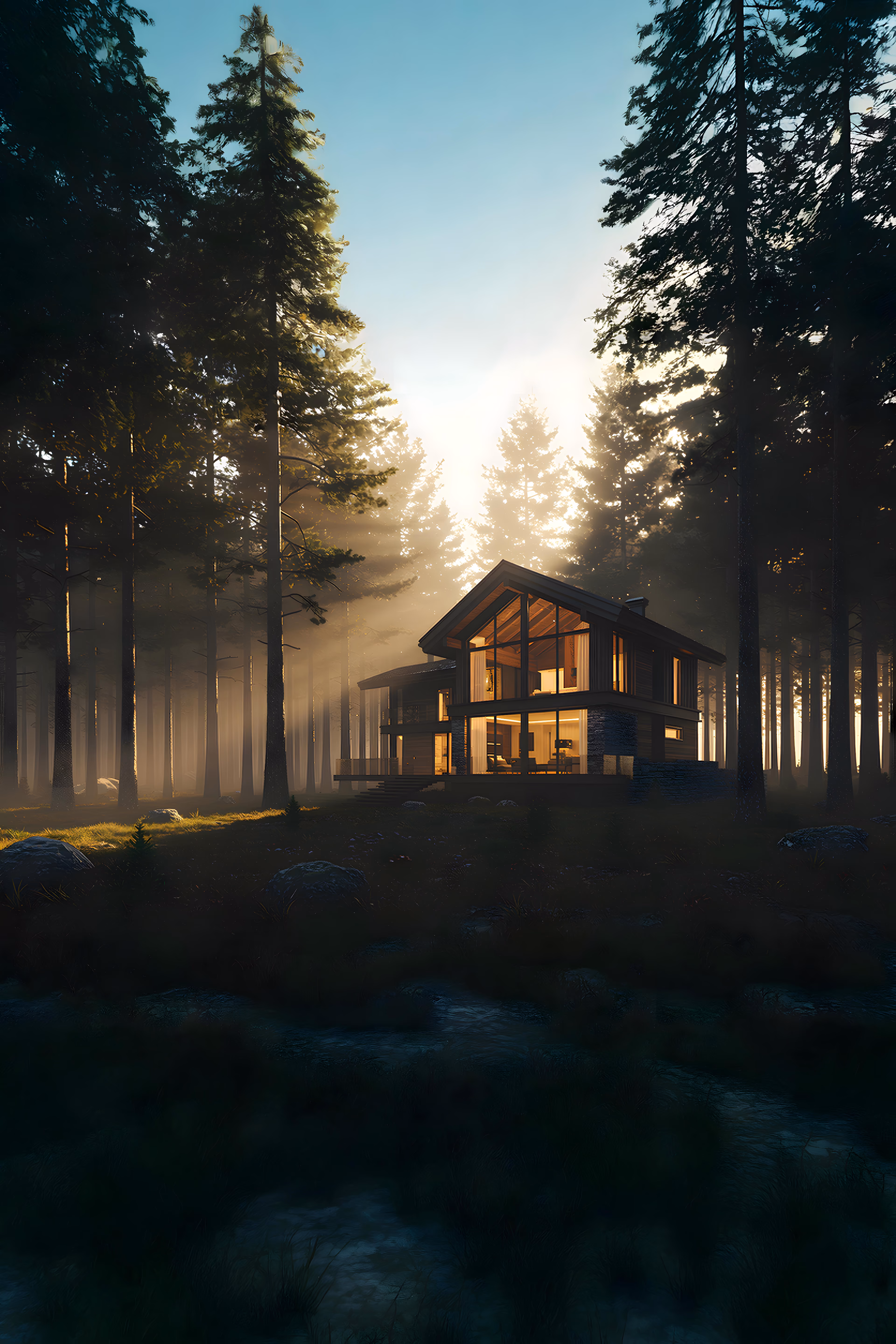Modern prefab villa surrounded by forest