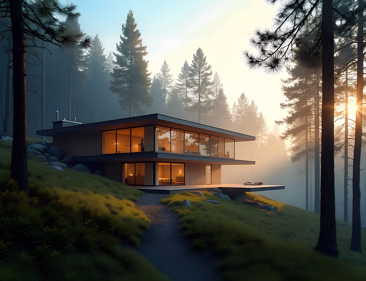 Model Lumen — a flat-roofed villa with full-height glazing on a hillside meadow at sunrise