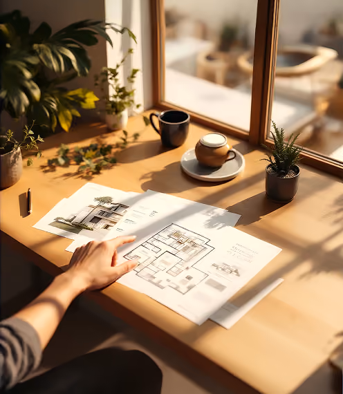 Villa floor plans and brochures spread out on a sunlit wooden desk