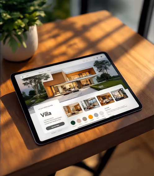 Tablet on a wooden table showing the Everhaus villa configurator