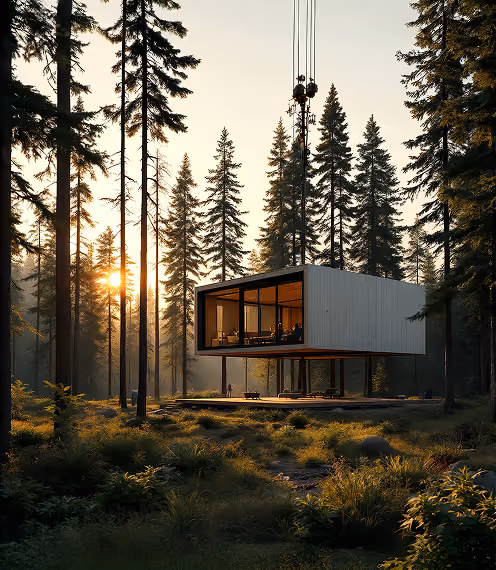 Prefabricated villa module being craned into a forest clearing at sunset